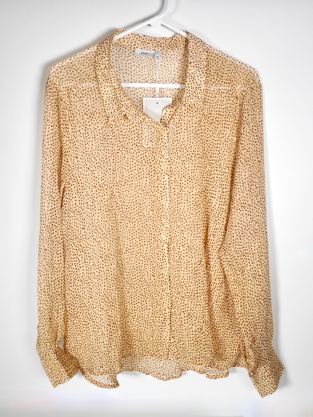 NWT ICHI Sheer Gold Brown Polka Dot XL Top Flowy Button Hi-Lo Shirt Animal Print
